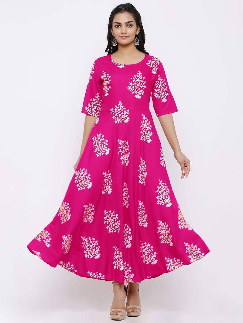 Women's Rayon Printed Flared Gown (Pink)