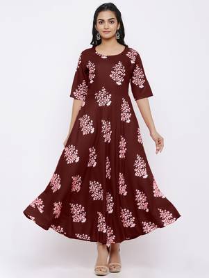 Women's Rayon Printed Flared Gown (Maroon) 1