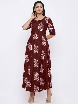 Women's Rayon Printed Flared Gown (Maroon) 3