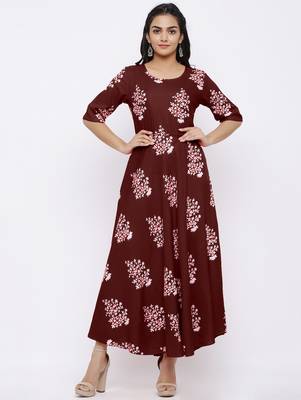 Women's Rayon Printed Flared Gown (Maroon) 4