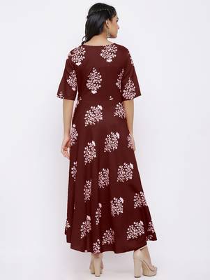 Women's Rayon Printed Flared Gown (Maroon) 5