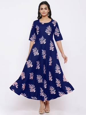 Women's Rayon Printed Flared Gown (Blue) 1