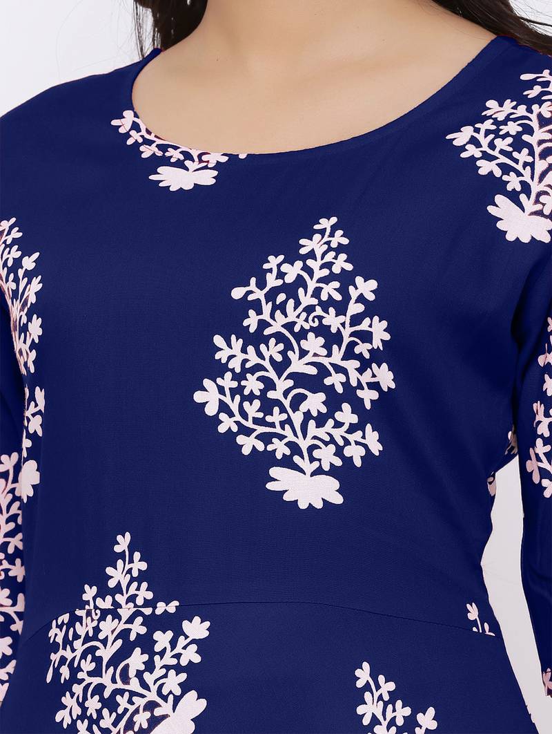 Women's Rayon Printed Flared Gown (Blue)