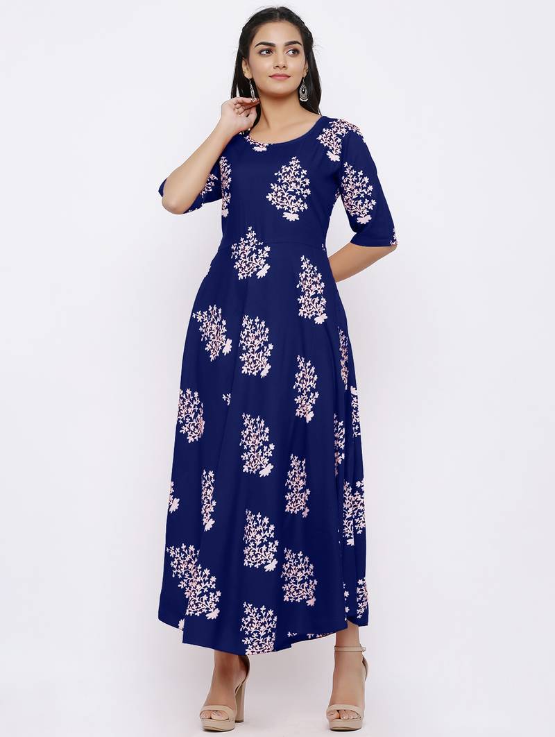 Women's Rayon Printed Flared Gown (Blue)