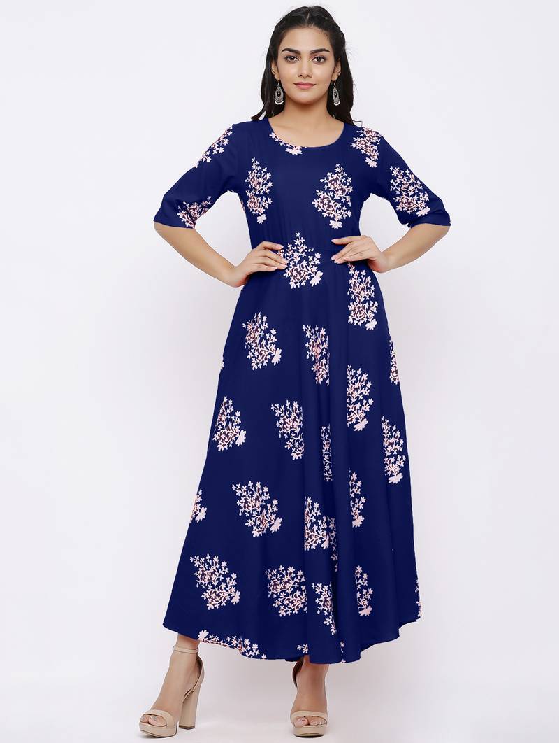 Women's Rayon Printed Flared Gown (Blue)