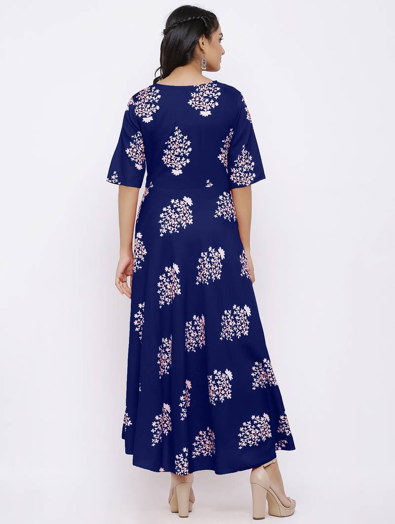Women's Rayon Printed Flared Gown (Blue)