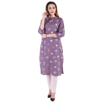 Purple  Foil Printed Cotton Straight Kurti 2