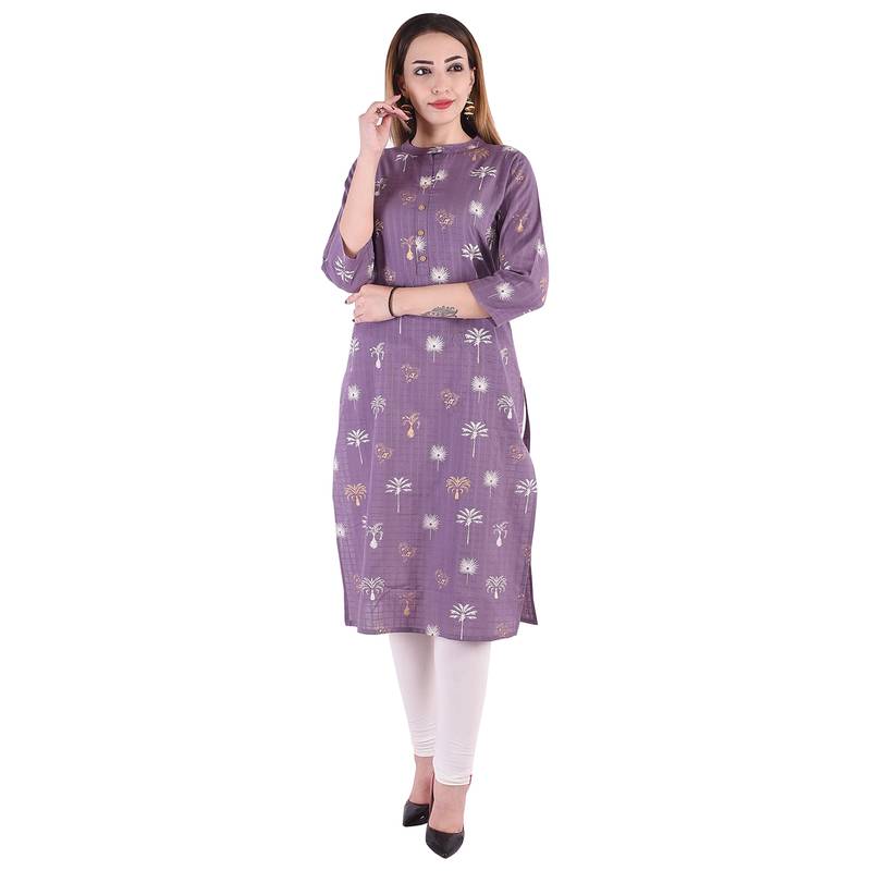 Purple  Foil Printed Cotton Straight Kurti