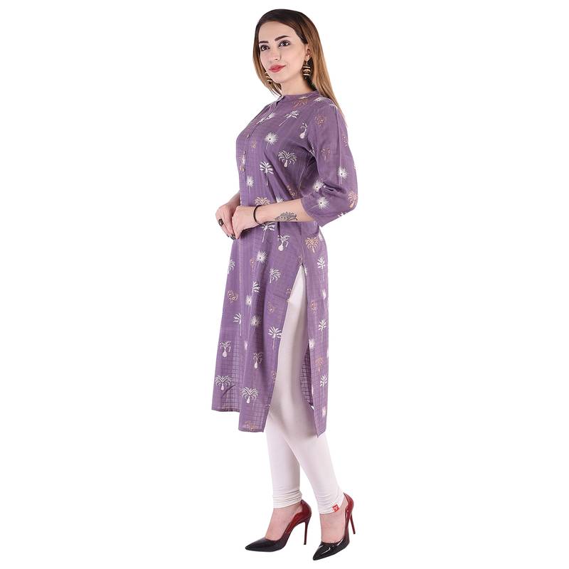 Purple  Foil Printed Cotton Straight Kurti