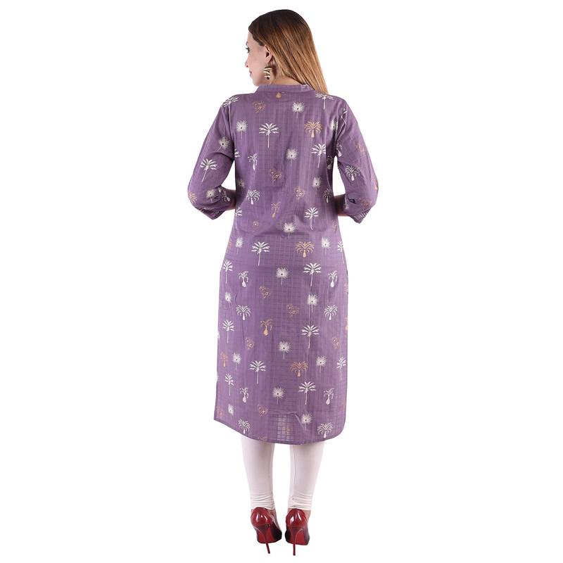 Purple  Foil Printed Cotton Straight Kurti