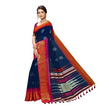 Blue woven cotton saree with blouse 2