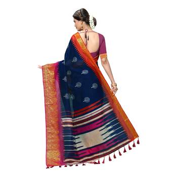 Blue woven cotton saree with blouse 4