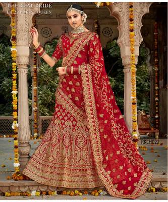 Red embroidered Silk unstitched bridal lehengas 1