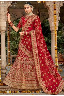 Red embroidered Silk unstitched bridal lehengas