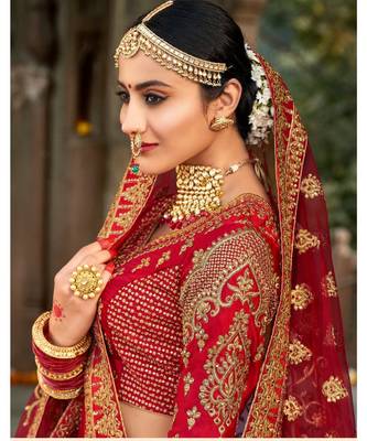 Red embroidered Silk unstitched bridal lehengas 2