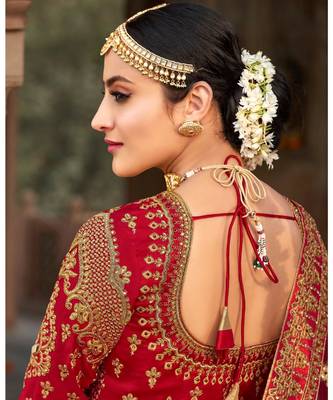 Red embroidered Silk unstitched bridal lehengas 3