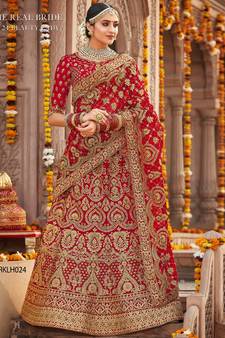 Red embroidered Silk unstitched bridal lehengas