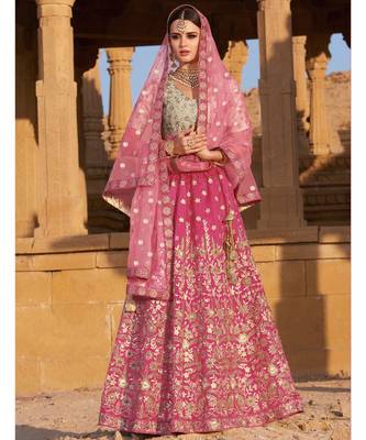 Pink embroidered Silk unstitched bridal lehengas 2