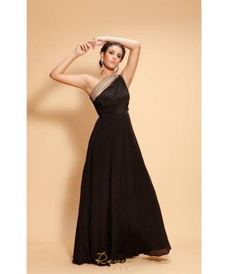 black embroidered crepe party wear gown 2