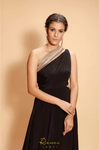 black embroidered crepe party wear gown