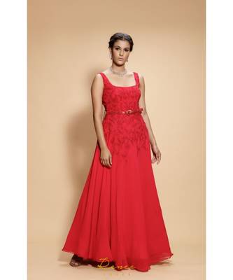 red embroidered georgette long gown 1