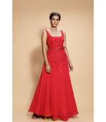 red embroidered georgette long gown