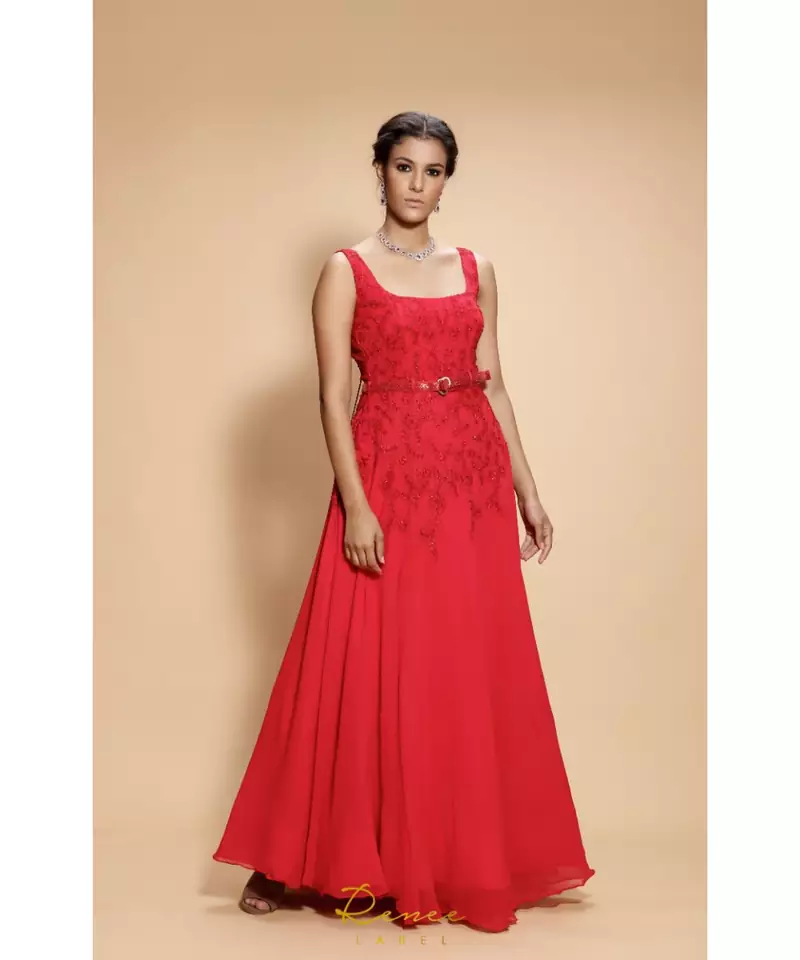 red embroidered georgette long gown