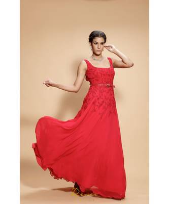 red embroidered georgette long gown 2