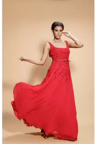 red embroidered georgette long gown