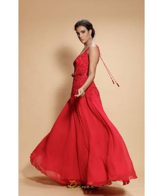 red embroidered georgette long gown 3