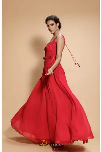 red embroidered georgette long gown