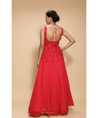 red embroidered georgette long gown 4