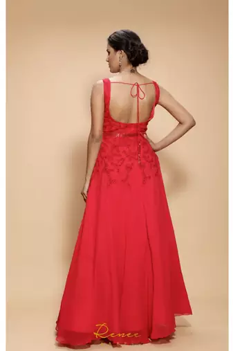 red embroidered georgette long gown