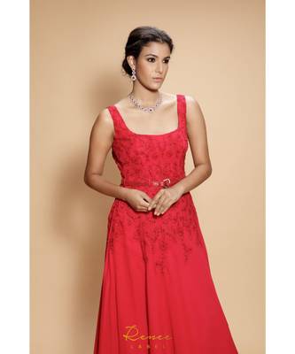 red embroidered georgette long gown 5