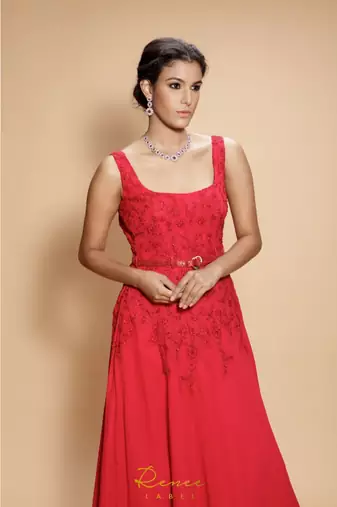 red embroidered georgette long gown