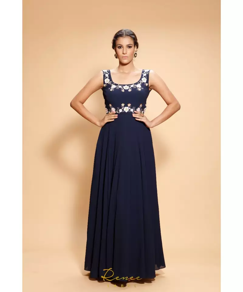 blue embroidered georgette long gown