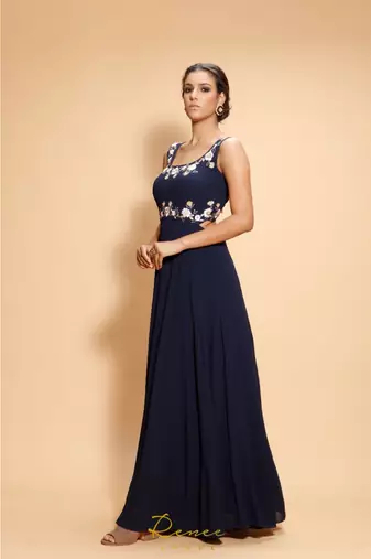 blue embroidered georgette long gown