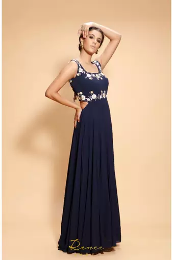 blue embroidered georgette long gown