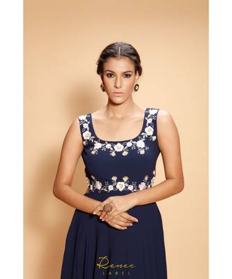 blue embroidered georgette long gown 5