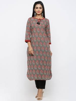 Womens Grey Cotton Printed Straight Kurta 1