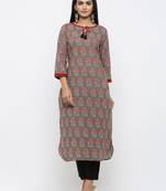 Womens Grey Cotton Printed Straight Kurta