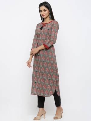 Womens Grey Cotton Printed Straight Kurta 2