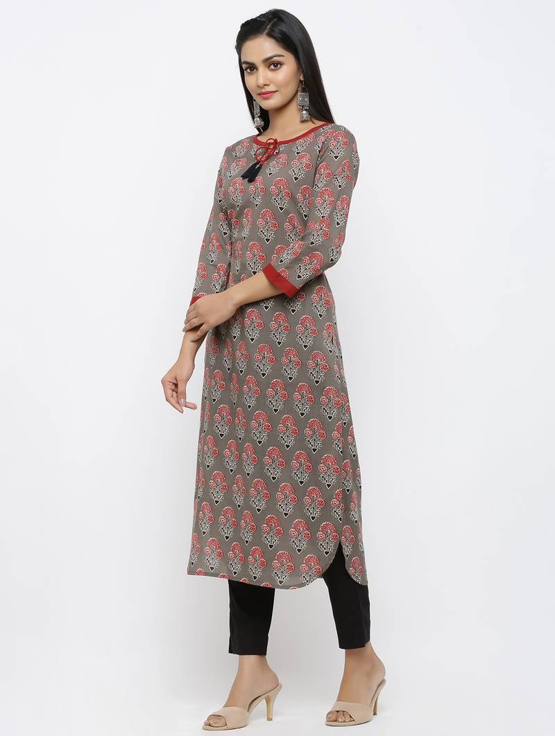 Womens Grey Cotton Printed Straight Kurta