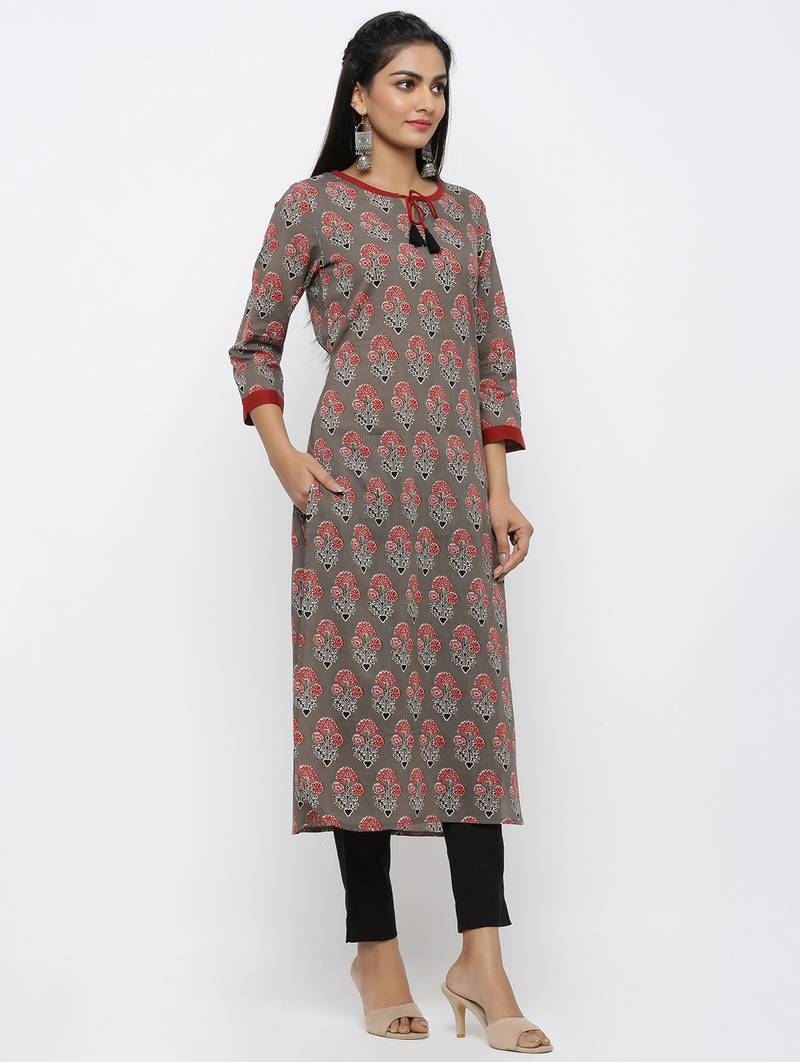 Womens Grey Cotton Printed Straight Kurta