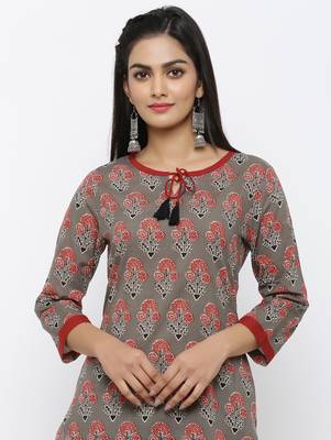 Womens Grey Cotton Printed Straight Kurta 4