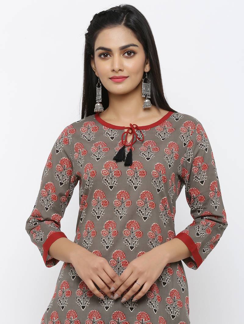 Womens Grey Cotton Printed Straight Kurta