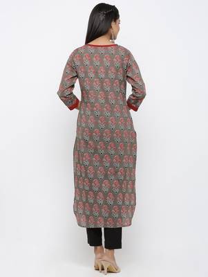 Womens Grey Cotton Printed Straight Kurta 5