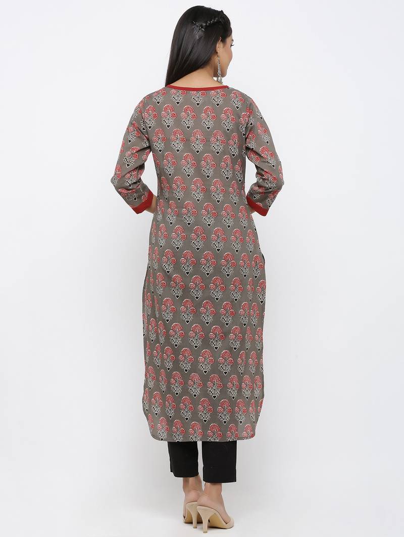Womens Grey Cotton Printed Straight Kurta