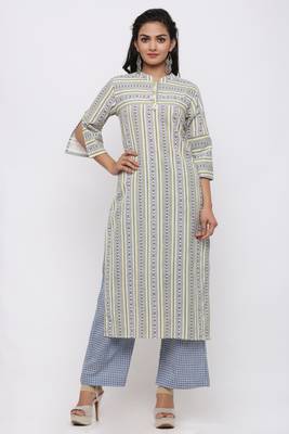 Women's Cotton Flex Geometric Printed Straight Blue Kurta Palazzo Set 1