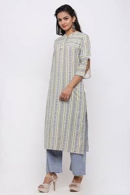 Women's Cotton Flex Geometric Printed Straight Blue Kurta Palazzo Set 2